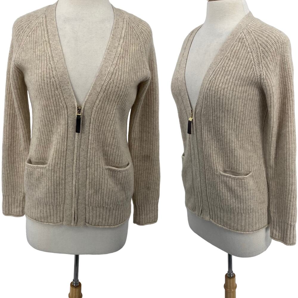 Michael Michael Kors Cashmere Cardigan Zip Front V Neck Pockets Beige Womens XS